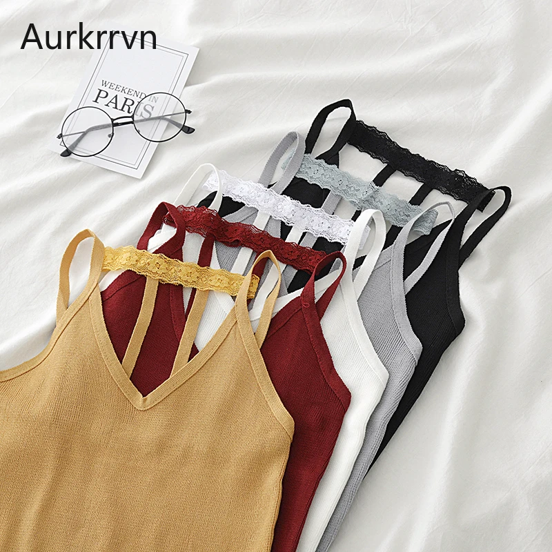 

Aurkrrvn Summer Womens Vest Tops Halter Neck Knitted Solid Feminine Camisole V Neck Sexy Club Lace Tops Sexy Sling Camis OL