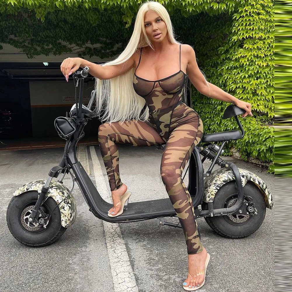 

Sheer Mesh Camouflage Print 2 Piece Club Outfits Spaghetti Strap One Piece Bodysuit and Skinny Legging See Through Tracksuits