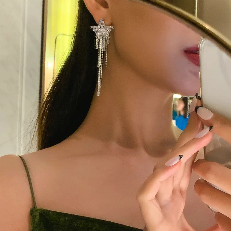 

Timeless Wonder Stunning Zirconia Star Tassel Drop Earrings for Women Jewelry Goth Boho Top Rare Designer Ins Fancy Egirl 2615