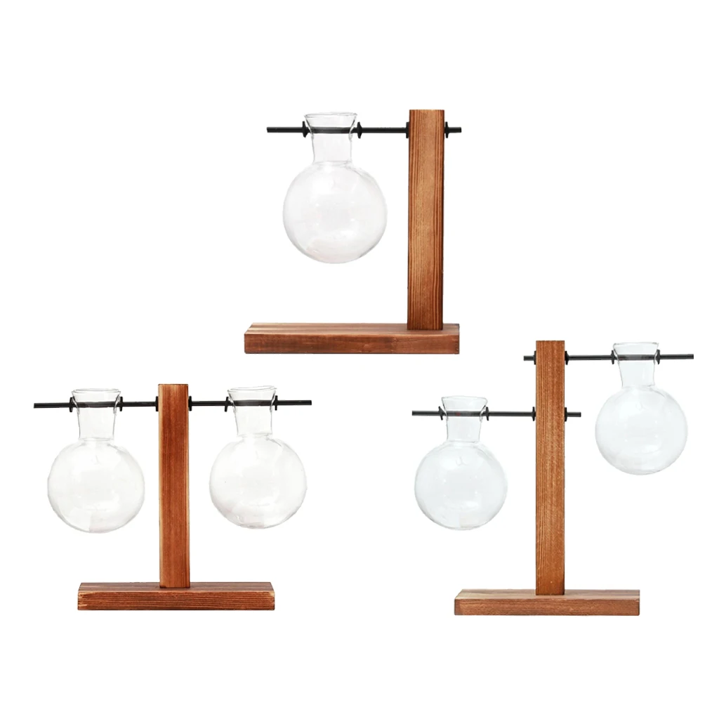 

Desktop Plant Terrarium Glass Planter Bulb Vase Retro Wooden Stand Home Decor