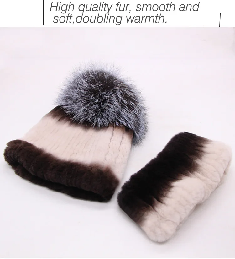 Rex rabbit fur hat female winter fox fur ball thick warm knitted earmuff wool cap