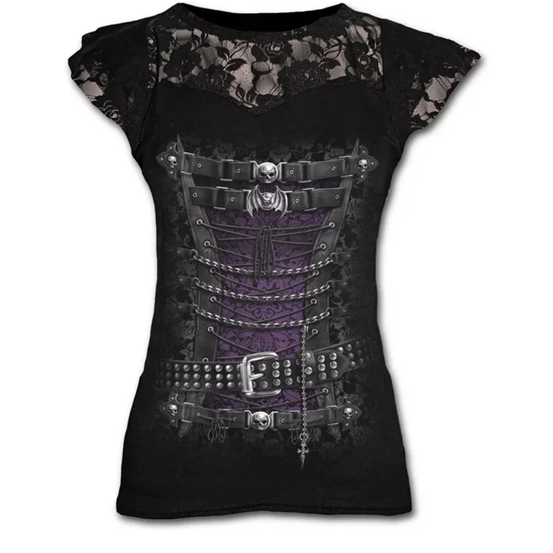 

Plus Size Goth Graphic Lace T Shirts for Women Gothic Clothing Black Grunge Punk Tees Ladies Y2k Short Sleeve Tops Summer Tshirt