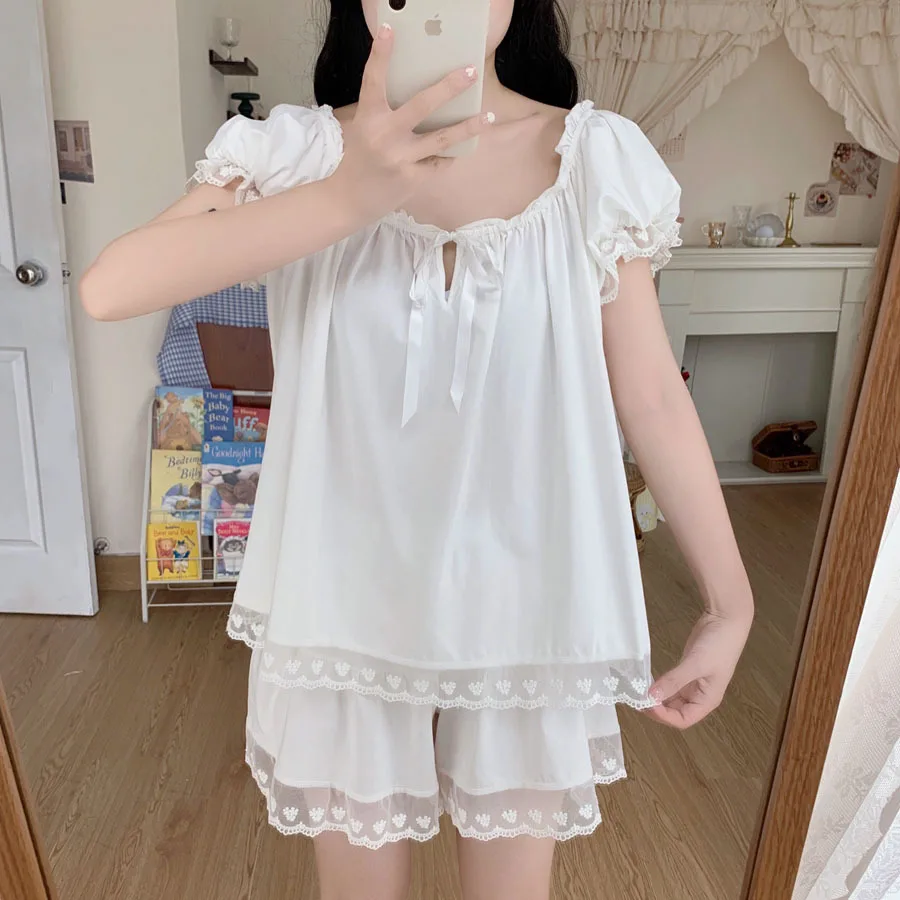 2021 Summer New Princess Style Women's Pajamas Suit Thin Lovely Japanese Lace Nightgown Homewear Female Sleepwear Lady Nightwear