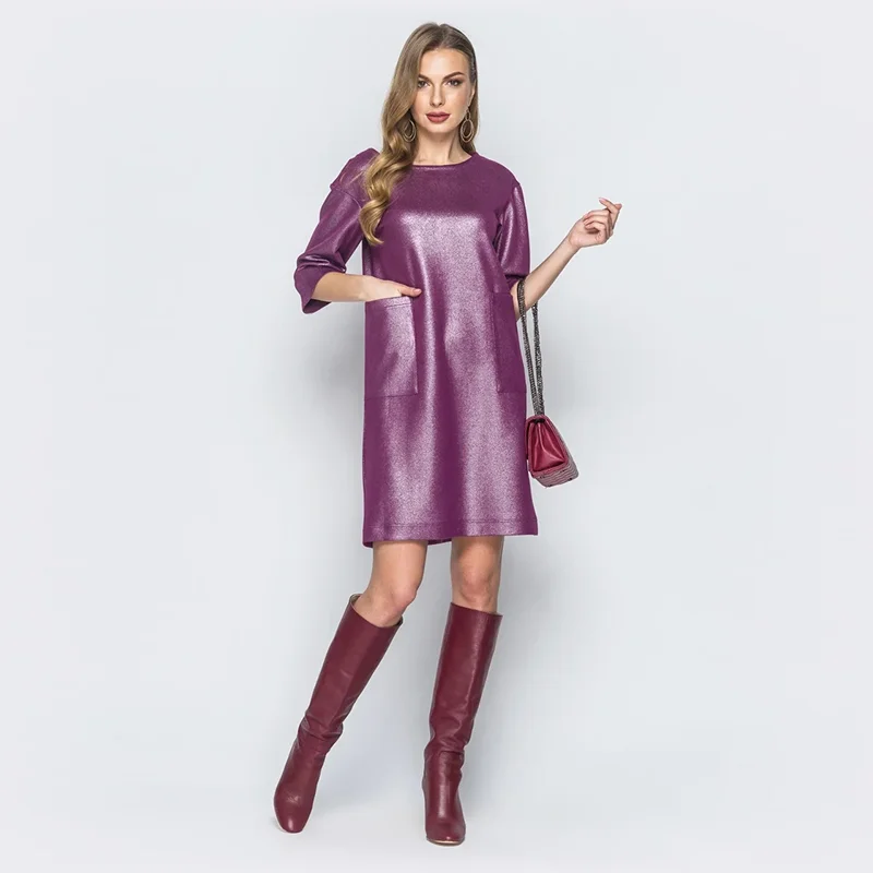 

Women High Street Front Pockets Pu Dress Half Sleeve O Neck Purple Color Leather Party Dress 2021 Autumn Winter Fashion Dress