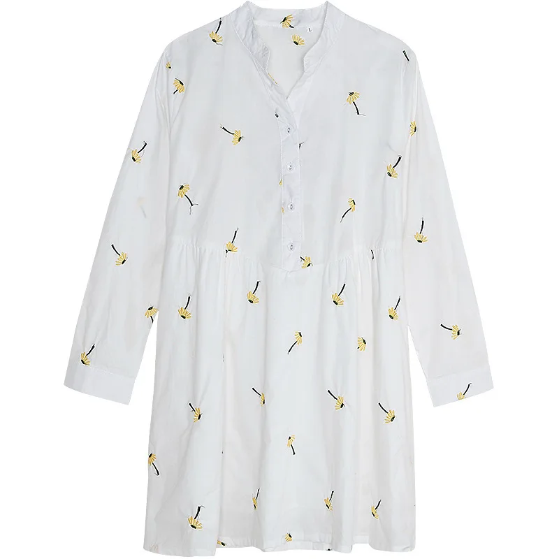 2020 New Spring Dress Autumn Cotton High Waist Long Sleeve Fashion Casual Large Size Loose Daisy Embroidered Women CW328 | Женская