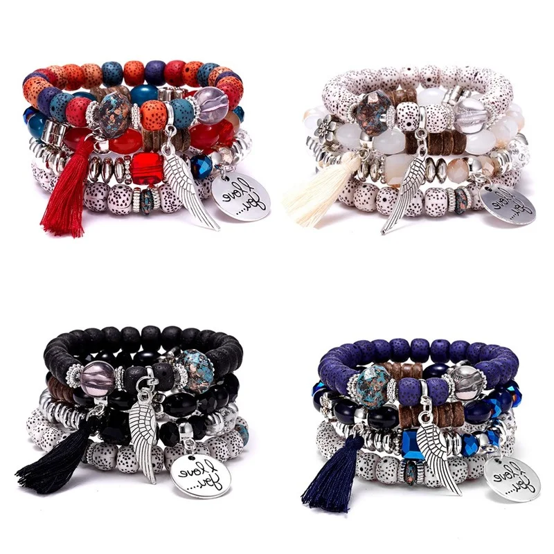 

Multi-layer Crystal Turquoise Bead Bracelets Leaf Wing Alloy Tassel 4-piece Set Bracelet for Charm Jewelry Woman Man Boho Ethnic