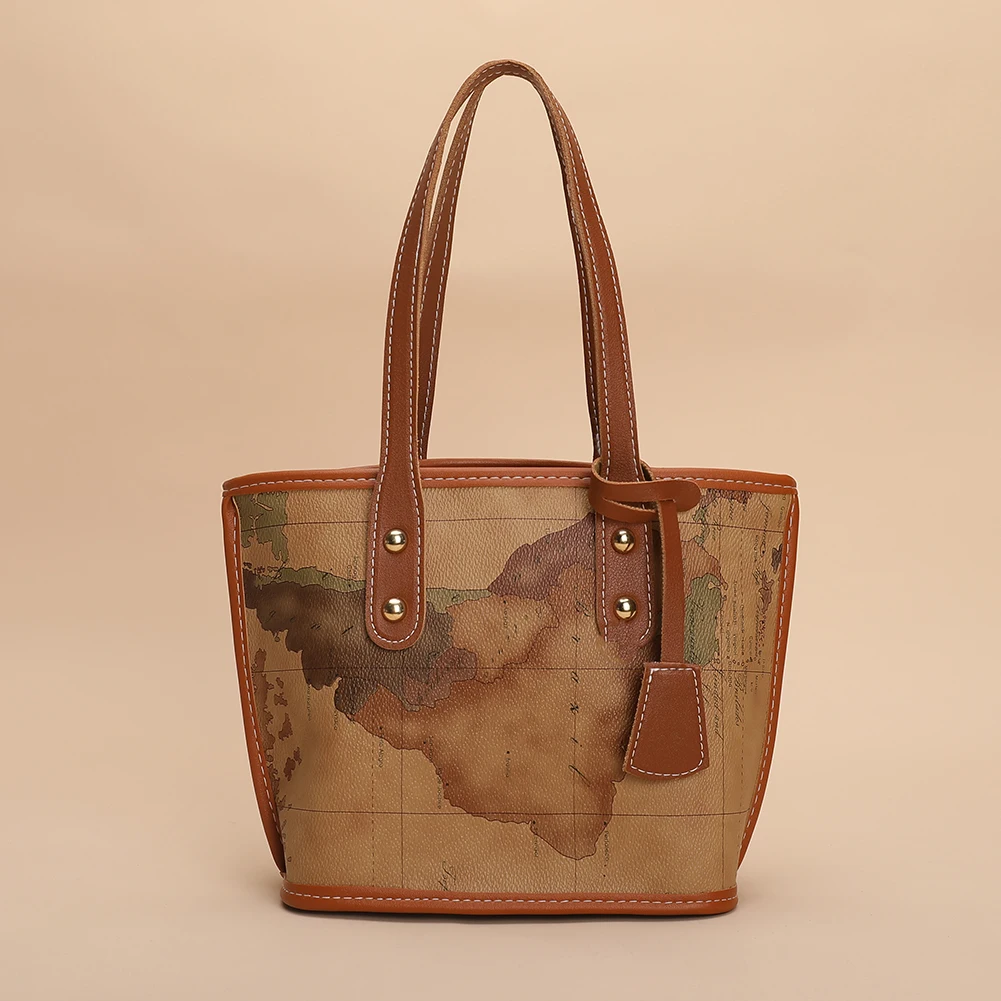 

Retro Women's Bag Cow Map Pattern Printing PU Leather Woven Shoulder Shopper Bag For Young Women 2021 Design Luxury Tote Handbag