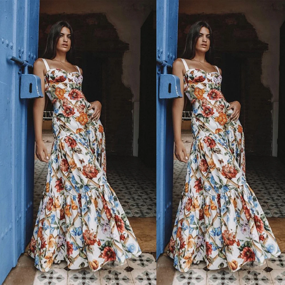 Сексуальное платье макси на бретельках с цветочным принтом женское модное