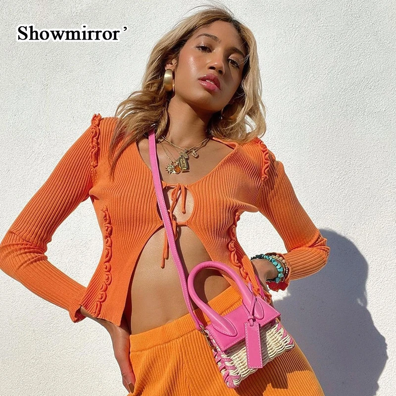 

Трикотажный женский топ Showmirror на завязках с вырезами, укороченный топ с длинным рукавом, футболки, осень 2021, облегающий Топ, оранжевые футбо...