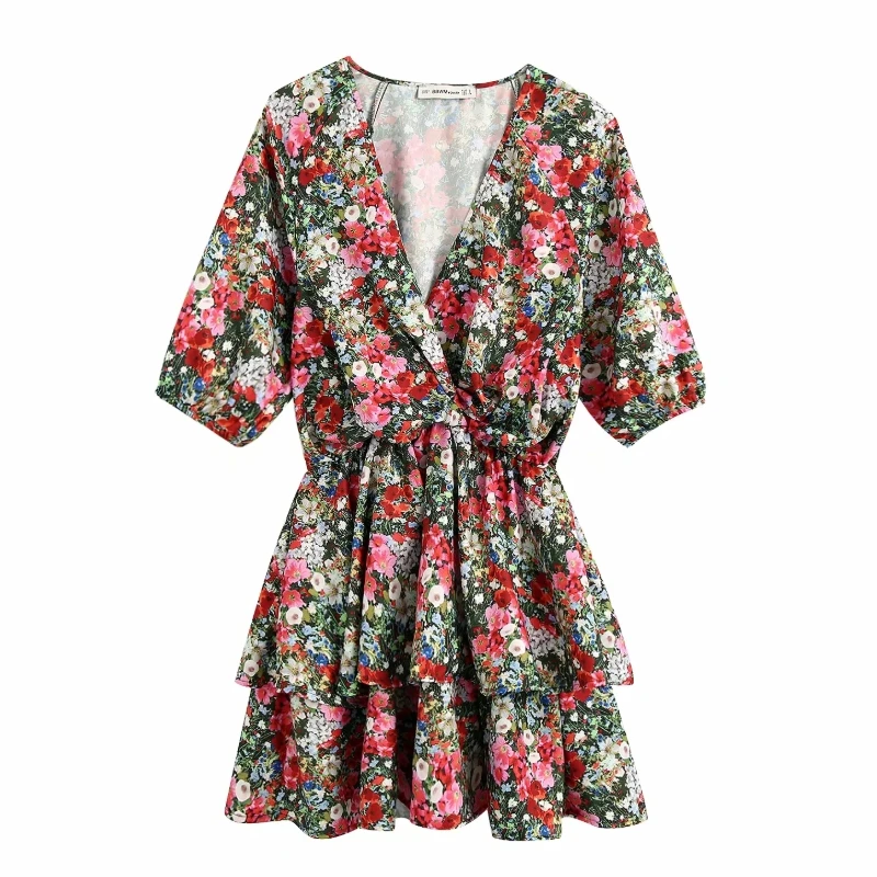 Женское винтажное мини платье с цветочным принтом v образным вырезом и