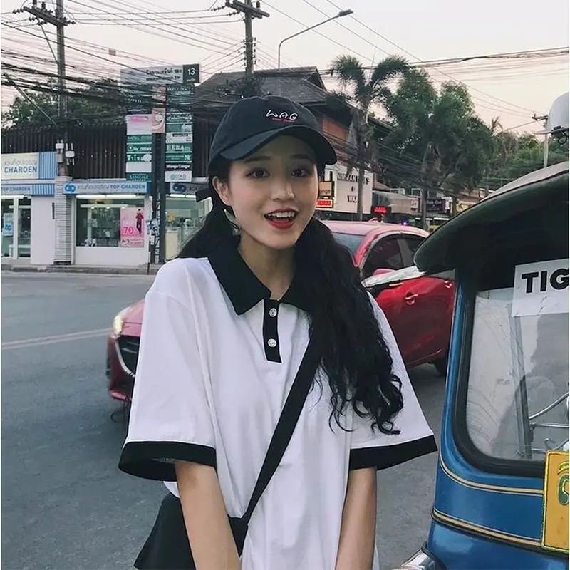 

Short-sleeved T-shirt for women Korean new ulzzang Harajuku lapel polo shirt cute loose all-match top trend preppy lovers wear