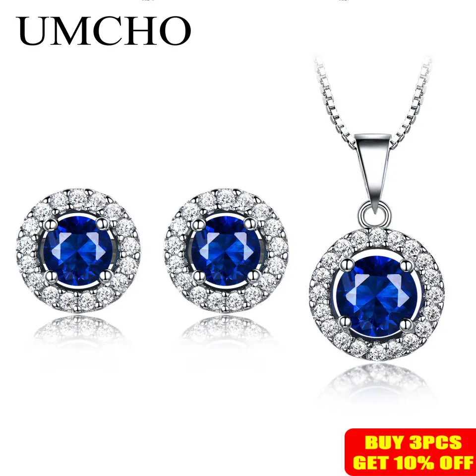 UMCHO 925 пробы серебряные ювелирные изделия набор нано синий сапфир кулон серьги гвоздики для женщин бренд ювелирные изделия высшего качества