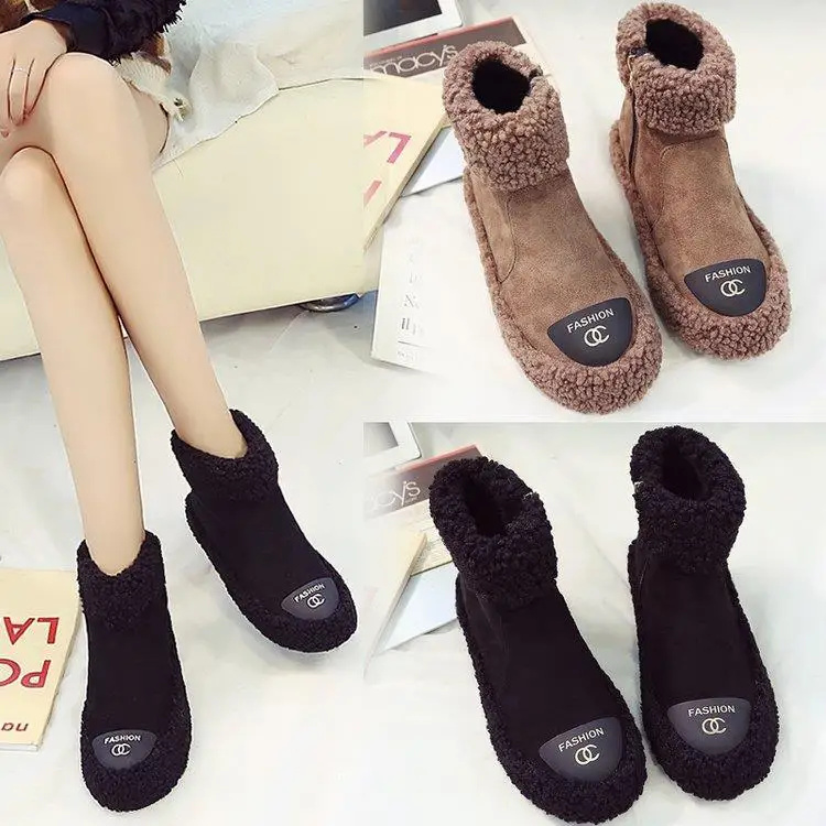 

2020 winter Snow boots girl 2020 new student wool thermal plush cotton women's flat bottom curly short boots