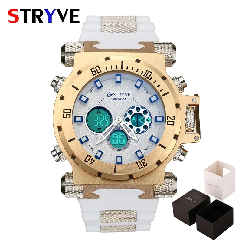 White Gold Box Модные мужские военные спортивные часы, мужские s светодиодный цифровой водонепроницаемый кварцевые часы, мужские часы с большим циферблатом и двойным дисплеем, мужские часы - Цвет: White Gold Box