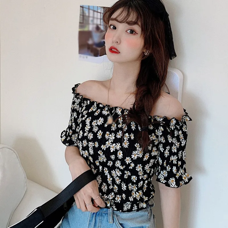 Женский укороченный топ с коротким рукавом футболка цветочным принтом оборками