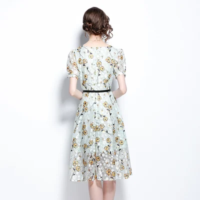 

ZAWFL Elegant Floral Print Party Dress Women 2021 Summer O Neck Long Dress Vintage Short Sleeve A-Line Ladies Dress