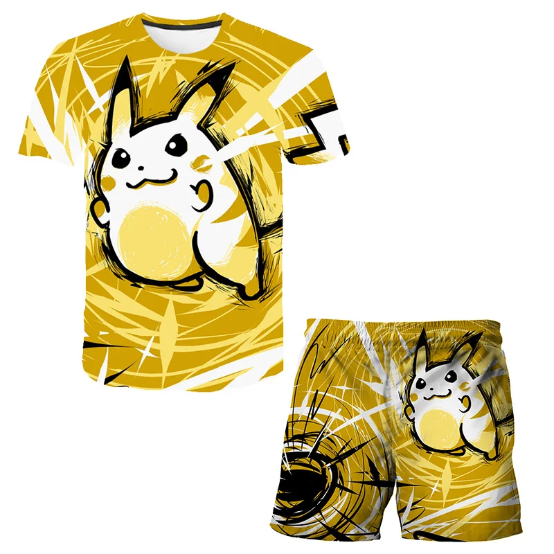 

2021 leisure children's Pikachu T-shirt suitable for children's cute cartoon set printing 3D clothing girl's T-shirt fashion boy