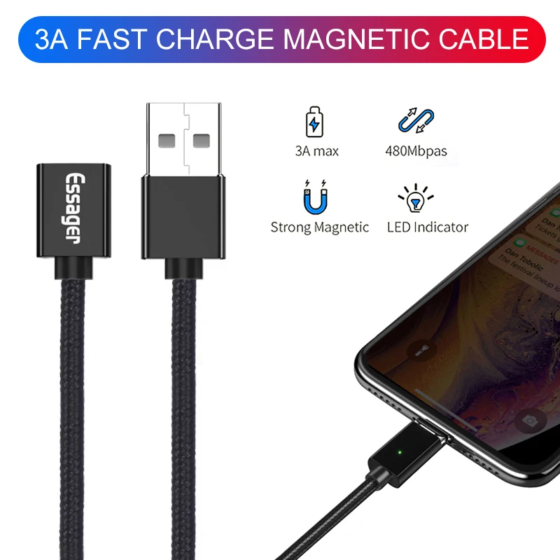 Магнитный кабель Micro USB Essager для IPhone samsung, кабель для быстрой зарядки и передачи данных, магнитный шнур, зарядное устройство, usb type C, 3 м, кабель для мобильного телефона
