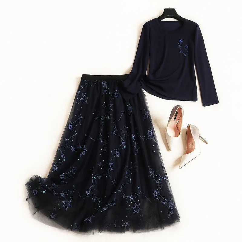 Новая мода осень зима юбка комплект из 2 предметов женский длинный рукав вышивка