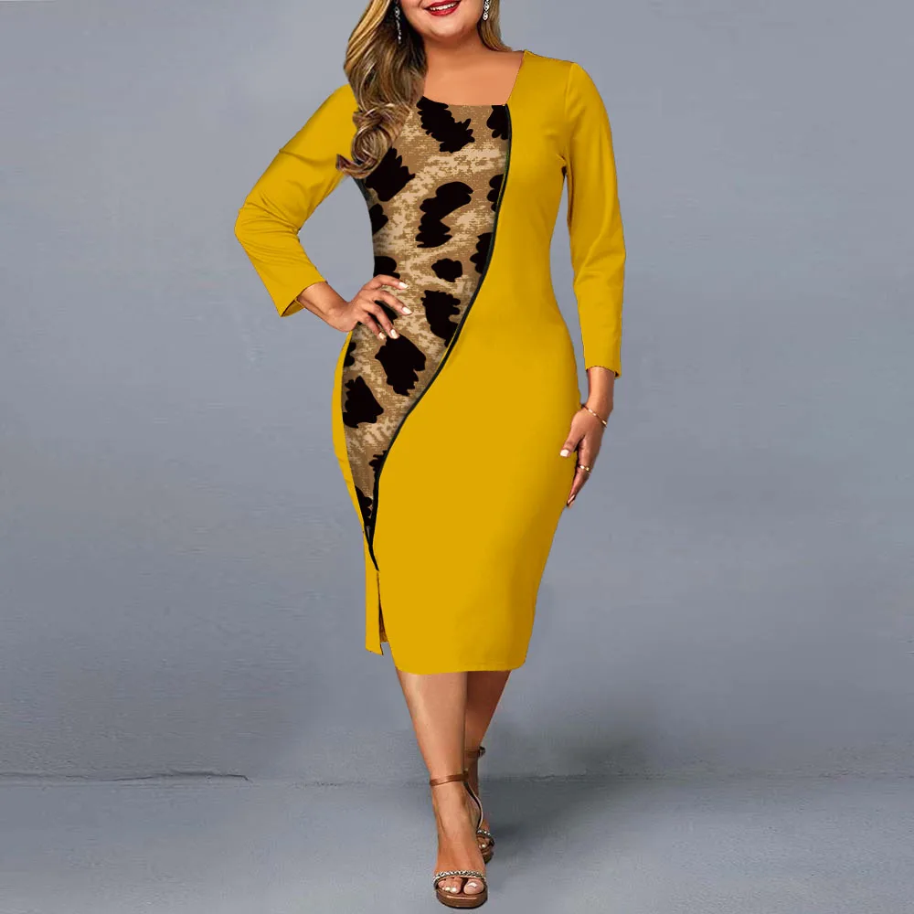 

Plus Size Dress Women Bodycon Dress 2021 Elegant Contrast Leopard Christmas Party Dress Ladies Asymmetrical Neck Club Outfit 5XL