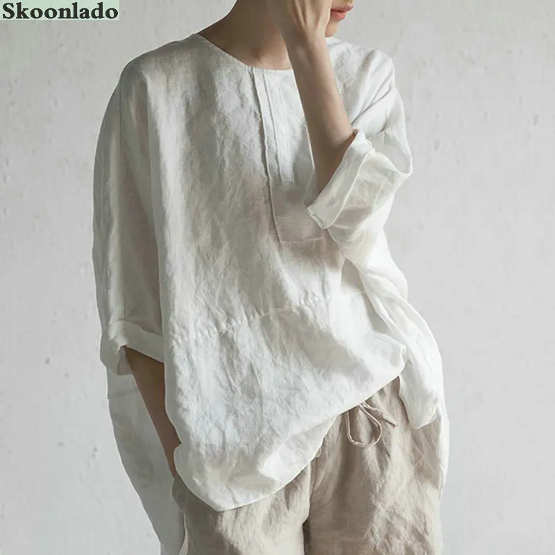 

Newest Casual Linen Women Tops S-5XL Plus Size Loose Thin Linen Material Soft Comfortable Summer Fashion Tops Solid Women Blouse