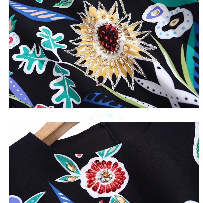 

2021 summer women runway beading dresses blue sun flower printed women straight dress with pearls