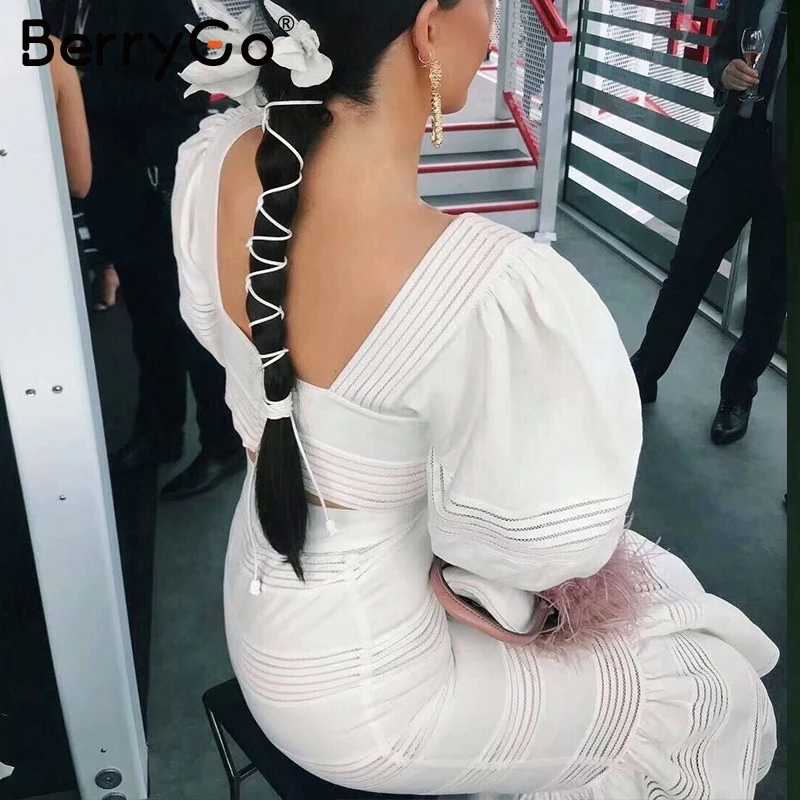 BerryGo женские белые платья из двух частей элегантные открытые с пышными рукавами