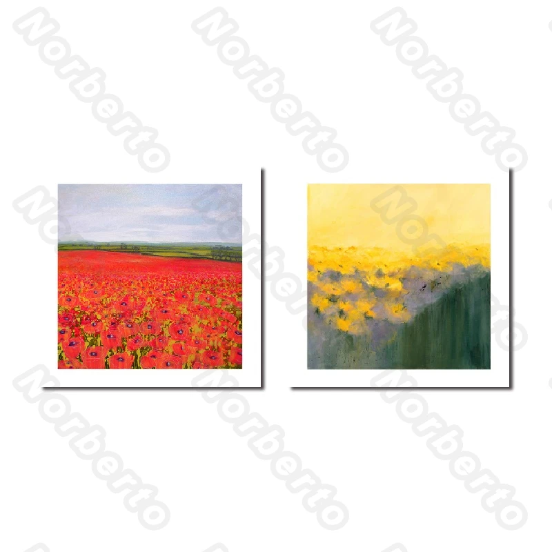 

Flower Landscape Canvas Painting Poster Red Flower Sea and Obscure Yellow Flowers Like an Abstract Picture for Home Rooms Decora