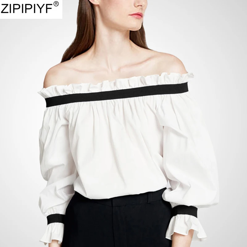 2020 Summer Women Fashion Blouses Elegant Off Shoulder Solid Cropped Tops Shirts Long Sleeve Slash Neck Blouses