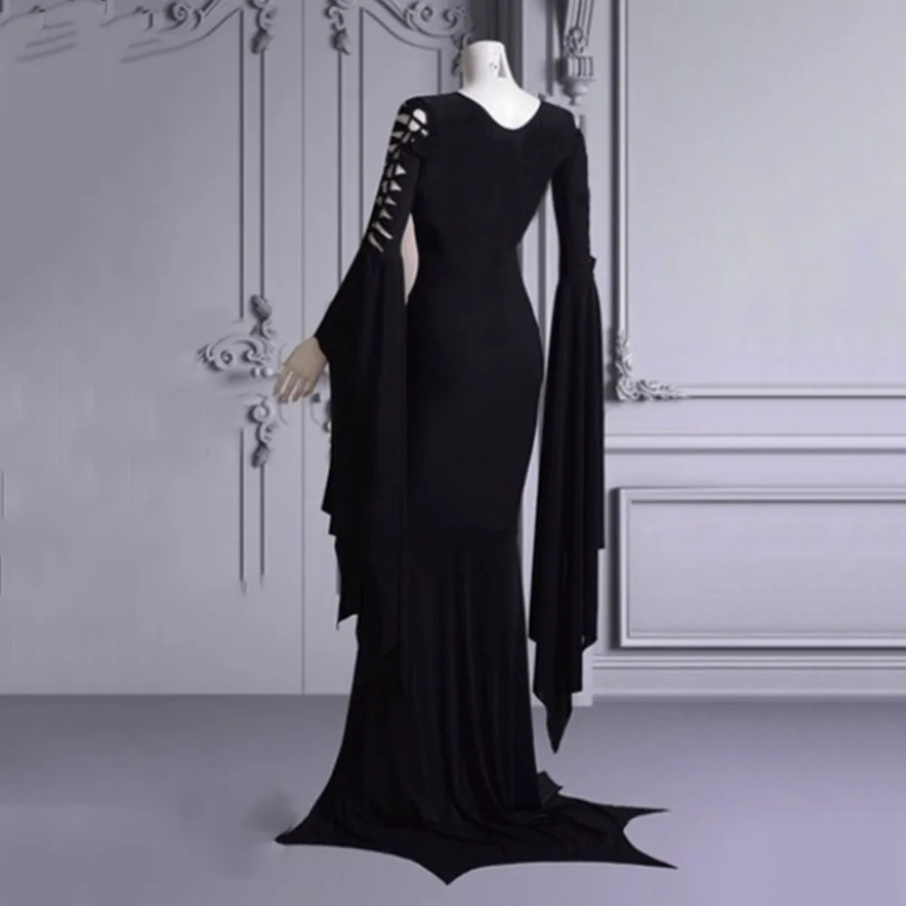 Gothic Deep V Bandage Sexy Dress Retro Irregular Hollow Trumpet Long Sleeve Asymmetry Floor Slim Dresses Goth Party Vestido |