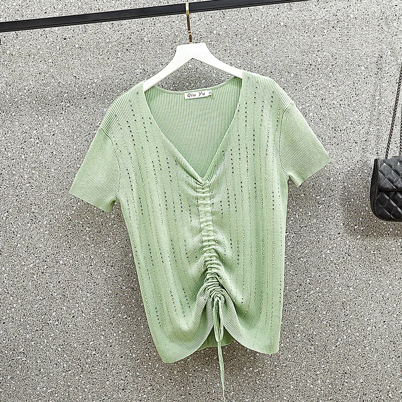 

Футболка женская вязаная с коротким рукавом и V-образным вырезом