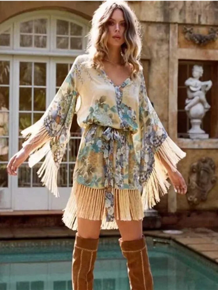 Богемное желтое платье с цветочным принтом свободное кисточками праздничное