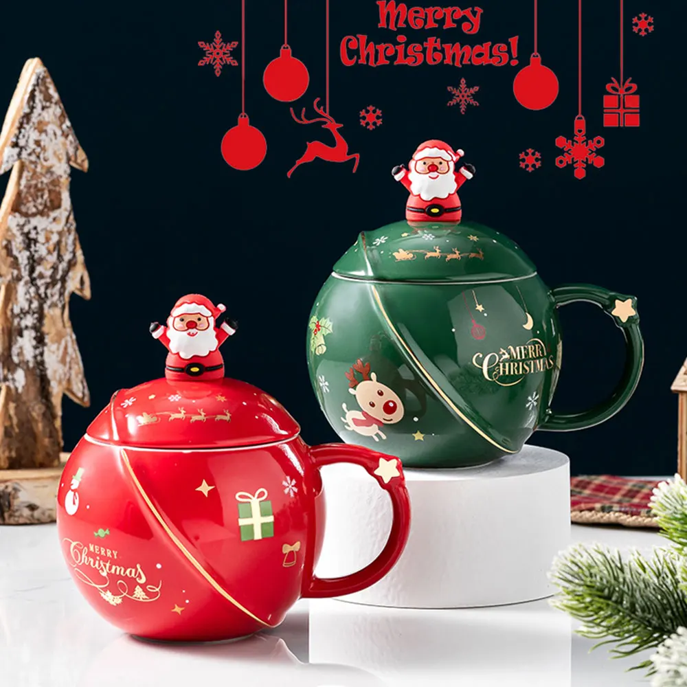 

Рождественская керамическая кружка с крышкой и ложкой, семейный Новогодний подарок, набор кофейных чашек, круглый дизайн с планетами, молоч...