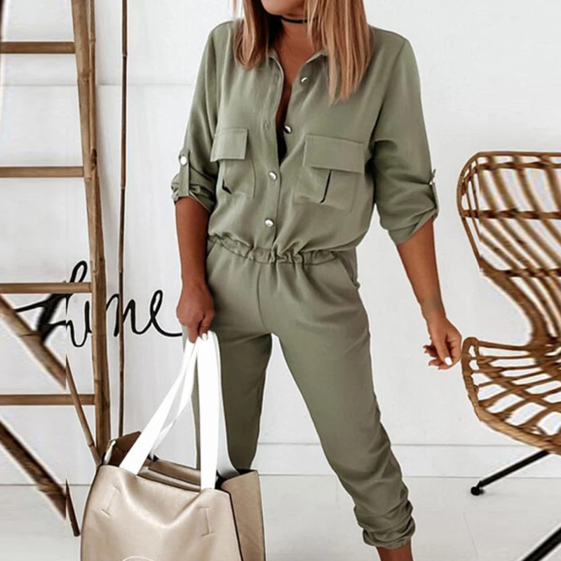 

Женский комбинезон с отложным воротником, однотонный Облегающий комбинезон с эластичной талией и брюками-карго, весна-лето 2021