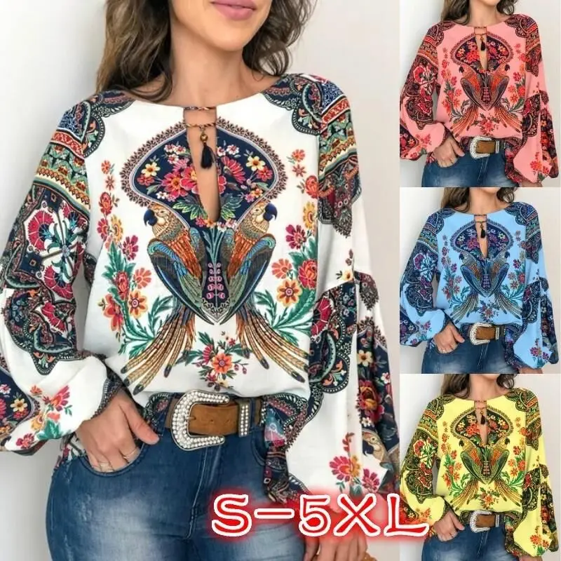 Boho блузка с цветочным принтом, рубашка Женская Повседневная свободная сексуальная с длинным рукавом винтажная Осенняя шикарные блузки женские блузы с рукавами «фонарик» Blusas