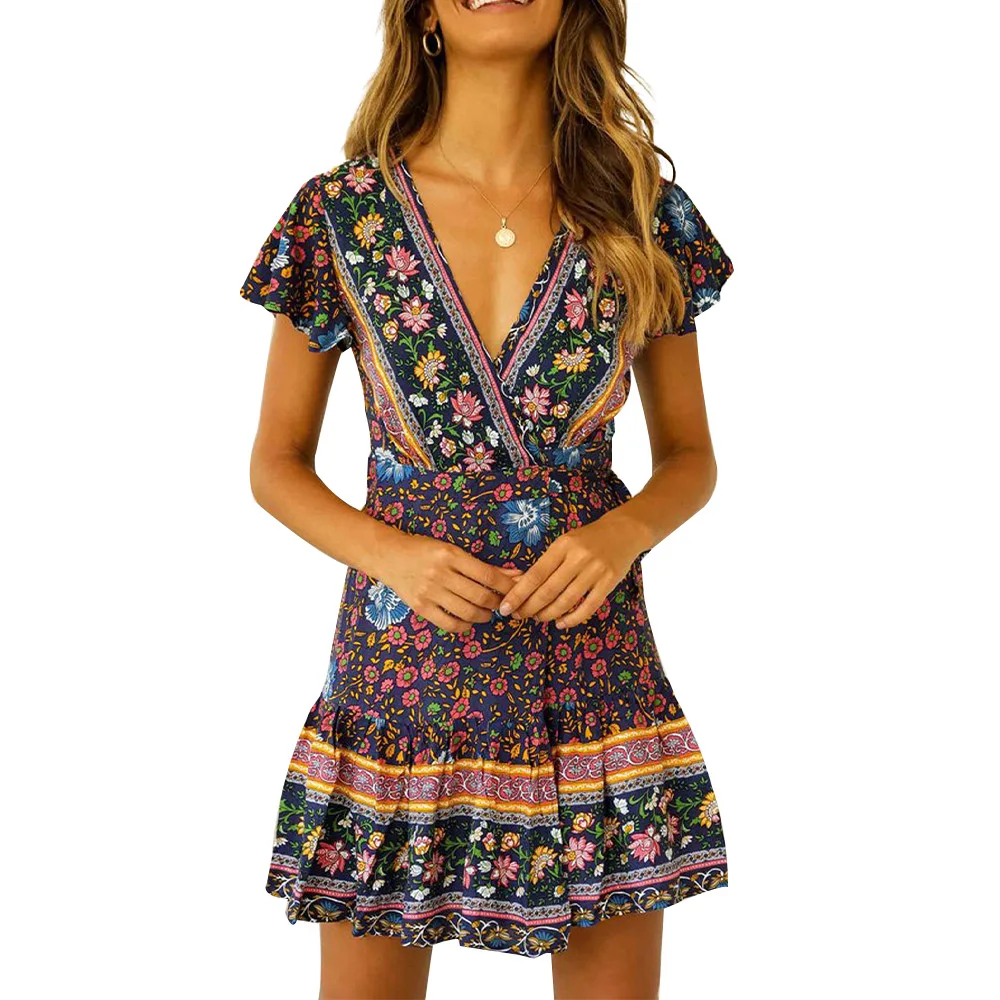 

Fashion Women Short Sleeve Deep V-neck Wrap Boho Floral Mini Dress Ladies Summer Holiday Party Sundress Female vestidos
