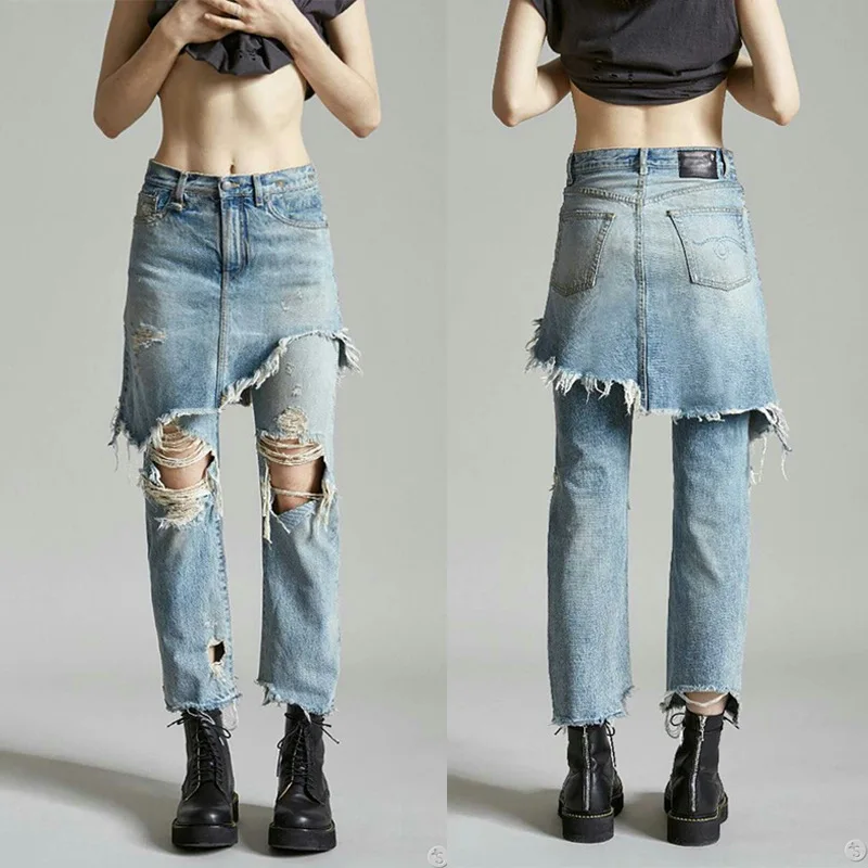 

Lugentolo Hole Fake Two-piece Jeans Women 2021 Fashion New Streetwear High Waisted Ripped Patchwork Jeans for Women