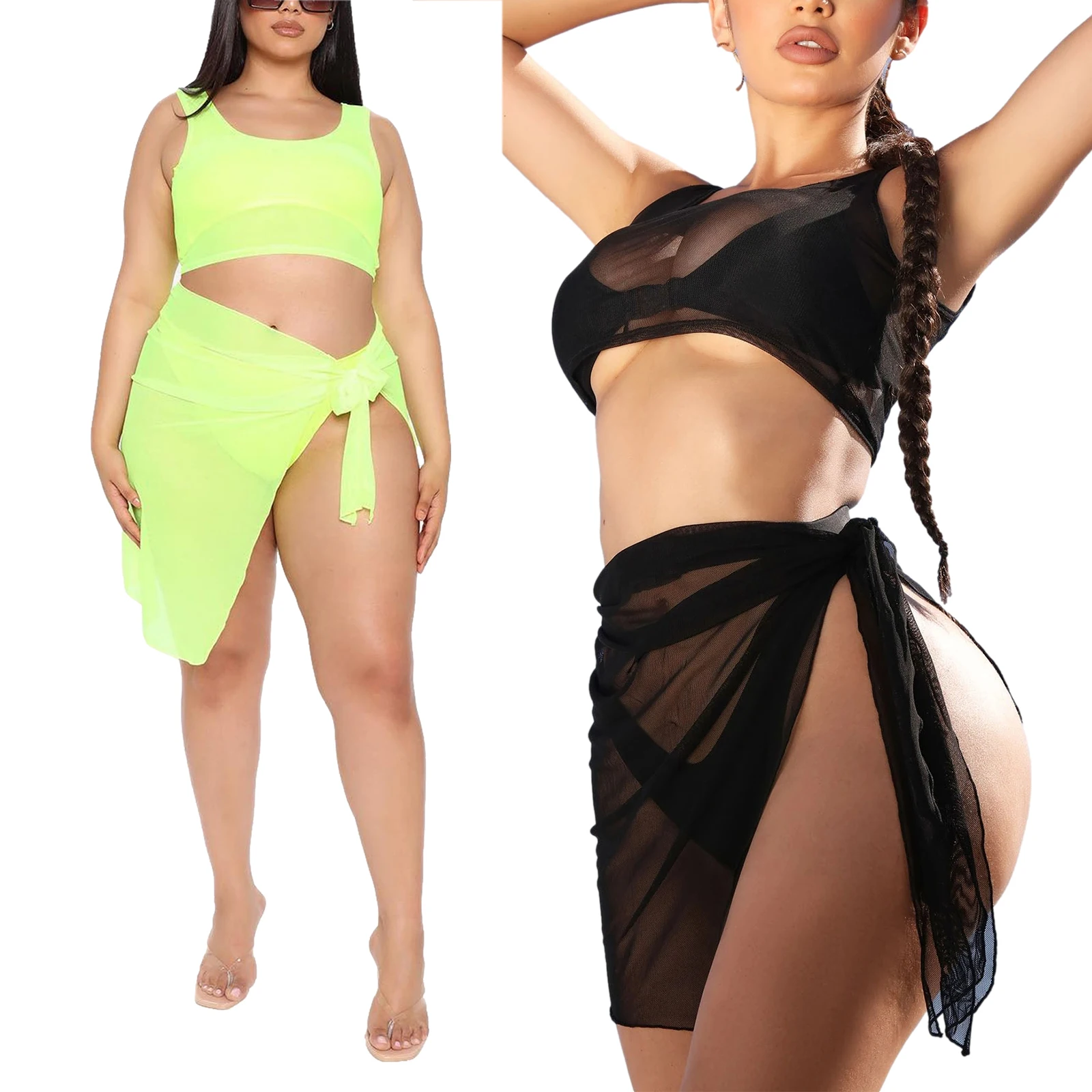 

Hirigin New Women Sexy Two-piece Cover Up Clothes Set Solid Color Perspective Sleeveless U-shaped Collar Crop Tops Cover Skirt