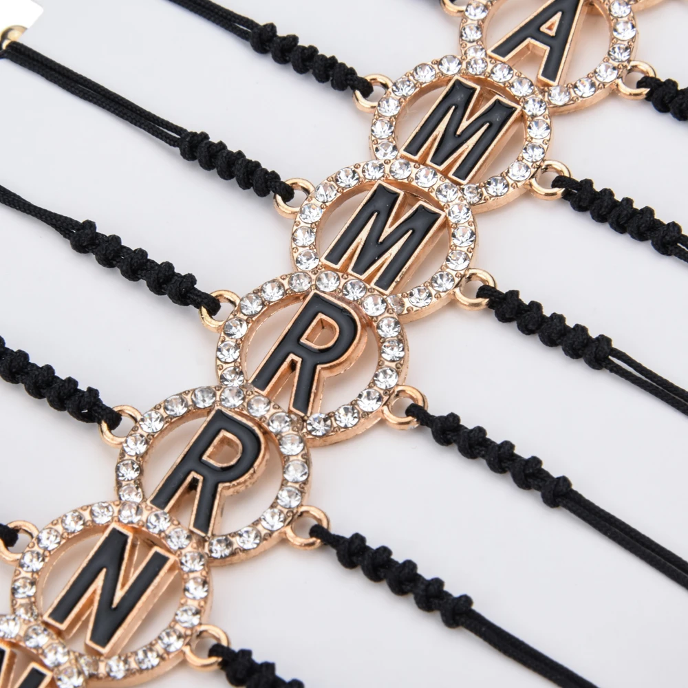 12 pieces Hollow Round Letter Charm Bracelet Set For Kid Handmade Adjustable Alphabet Rhinestone Wristband Women Fashion Jewelry | Украшения