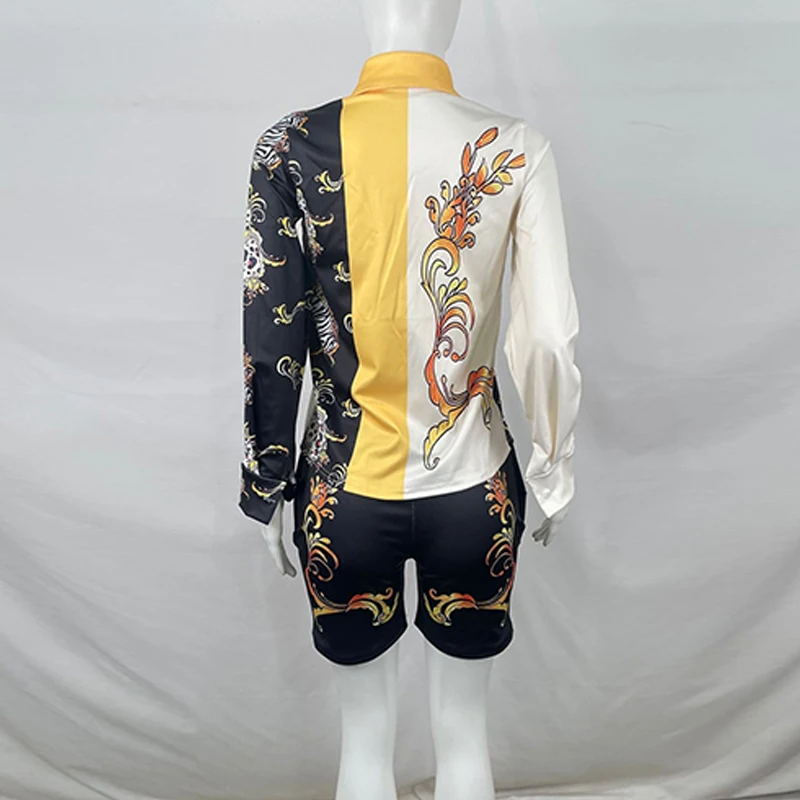 

Two Piece Summer Vintage Shorts Suits Long Sleeve Button Down Shirts Blouse & Regular Shorts Set