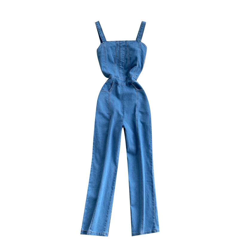 

Women New Fashion Retro Jeans Sexy Slim Denim Jumpsuit Sleeveless Solid Color Wide-leg One Piece Outfits Ovealls S558