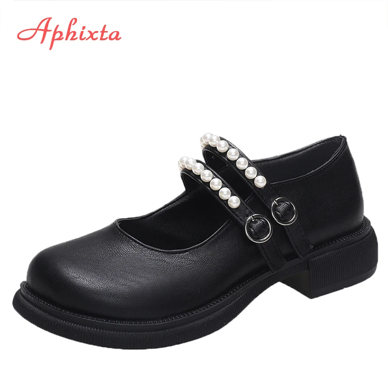 

Aphixta 2022 Luxury Pearl Design Flats Shoes Women Pimp Buckle Pearl Bling Loafers Shoes String Bead Leather Flat With Students