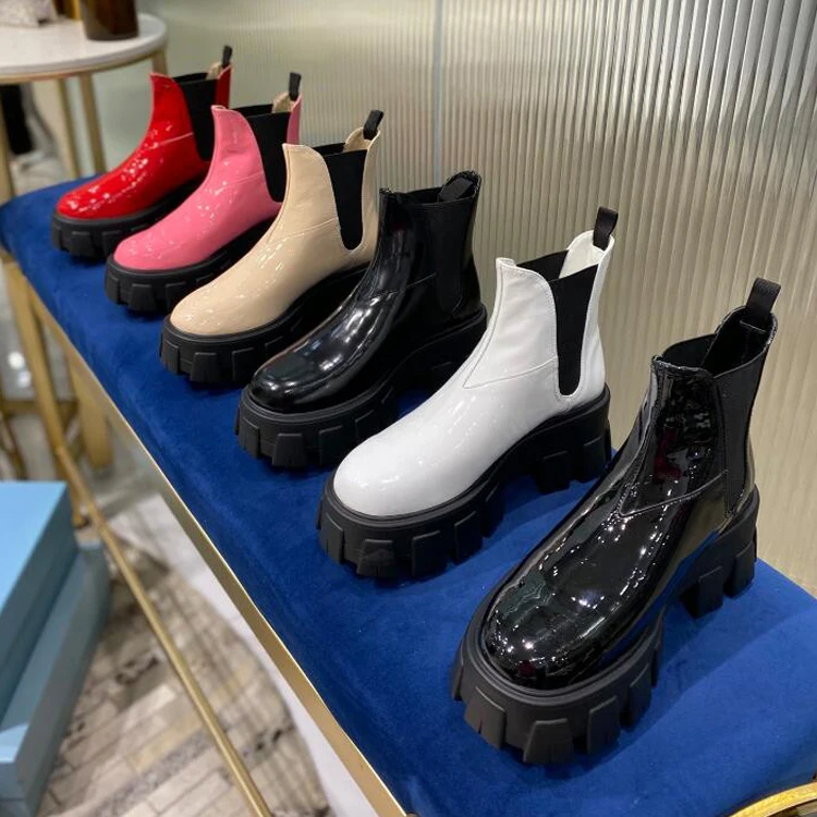

2020 Autumn / Winter New Fashion Platfrom Boots Women Patent Leather Slip-On Round Toe Square Heel Med-heel Red Ankle Shoes