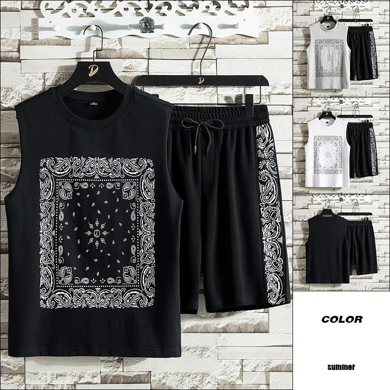 

Korean Trend Style Men's Tank Tops Retro Vest Summer T-Shirts Casual Loose Clothing Men Clothing Streetwear 2Pcs Sets 2021 New