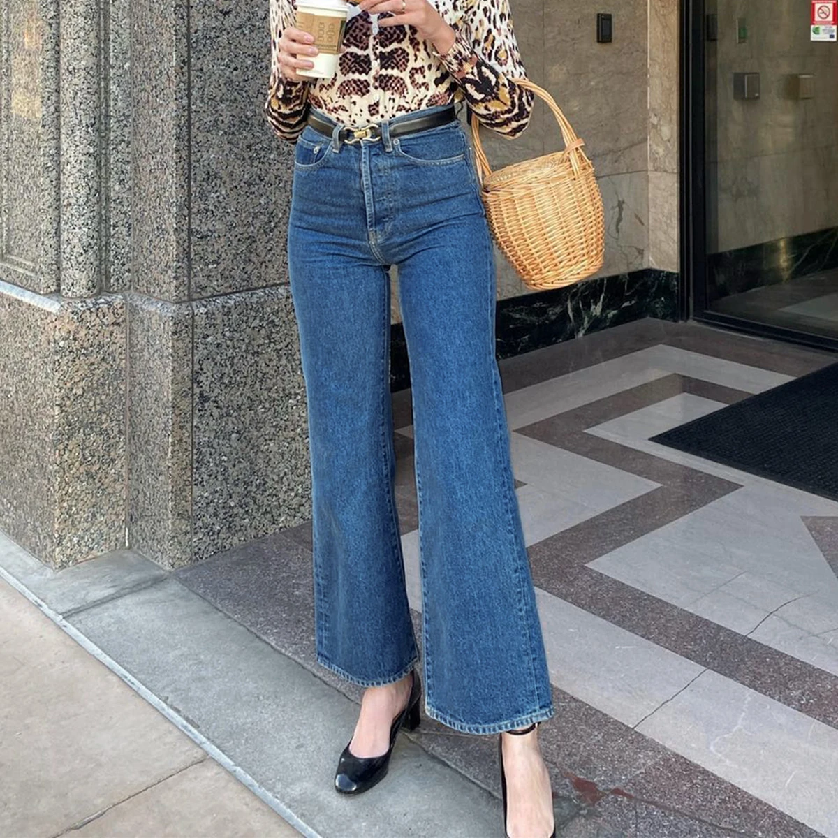 

Pirate Hippie Button Deep Blue Classic Wide Leg Pants Woman Summer High Waist Cotton Trousers Casual Vintage Chic Jeans 2021