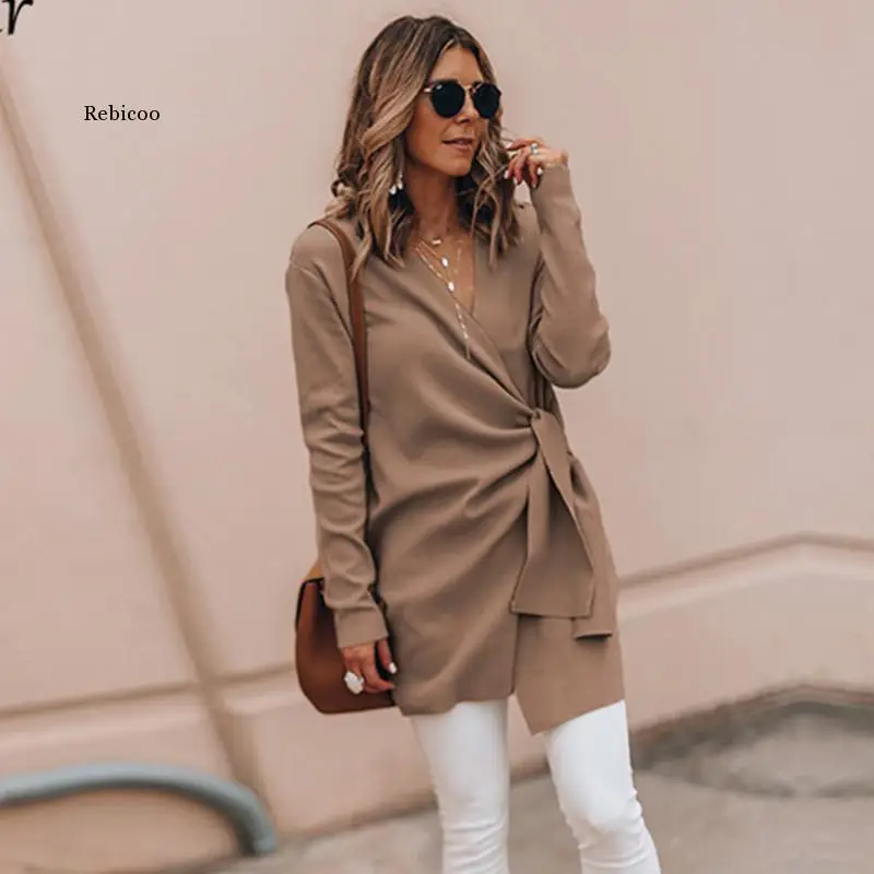 

Women's Faux Suede V-Neck Long Sleeve Sweater Outwear Solid Khaki Lace Up Office Lady Cardigan Autumn Casual Long Female