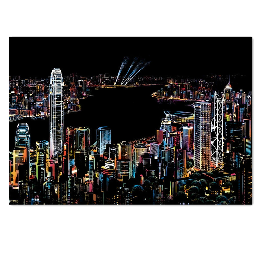 

Hong Kong Scratch Night View Poster Sticker Deluxe Erase Black Scratch World Map Scratch Off Foil Layer Coating Painting as Gift