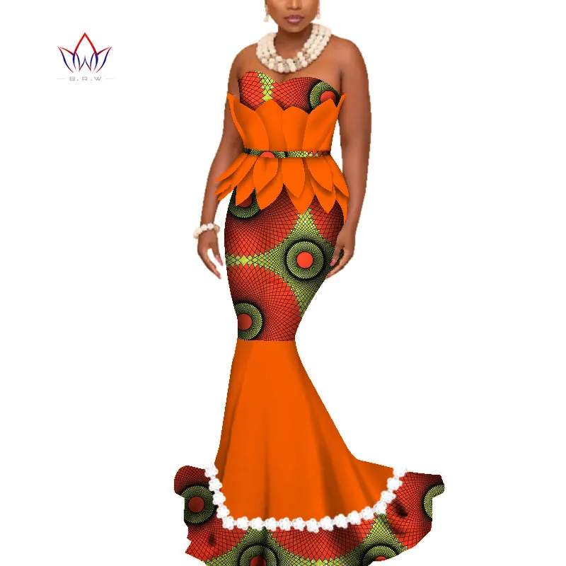 BintaRealWax African Dresses Women Off Shoulder Print Evening Long Dresses Dashiki African Clothes Ruffles Lace Dresses WY3949