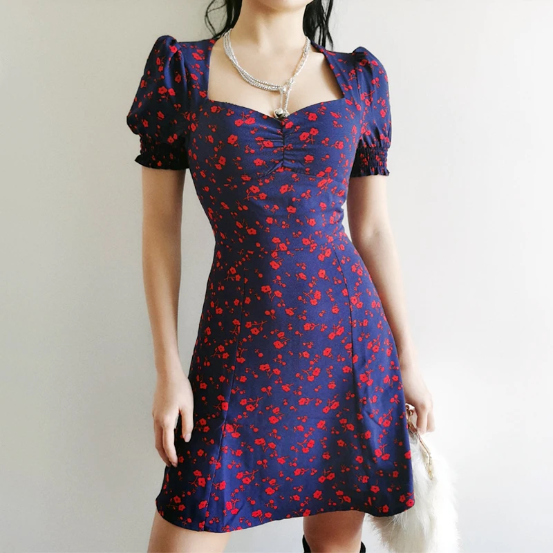 Женское мини платье с пышным рукавом и цветочным принтом|Женские платья| |