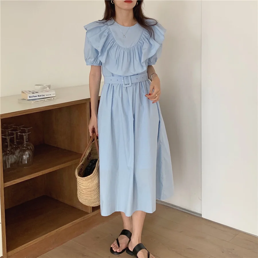 

2021 Women Summer Vintage Ruffle Round Collar Long Dress Sashes Beige Slim Waist Puff Sleeve A-line Holiday Sundress